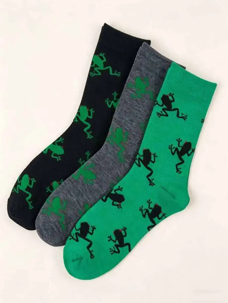 3 Pairs Frog Print Crew Socks Unisex Casual Retro Style All Season