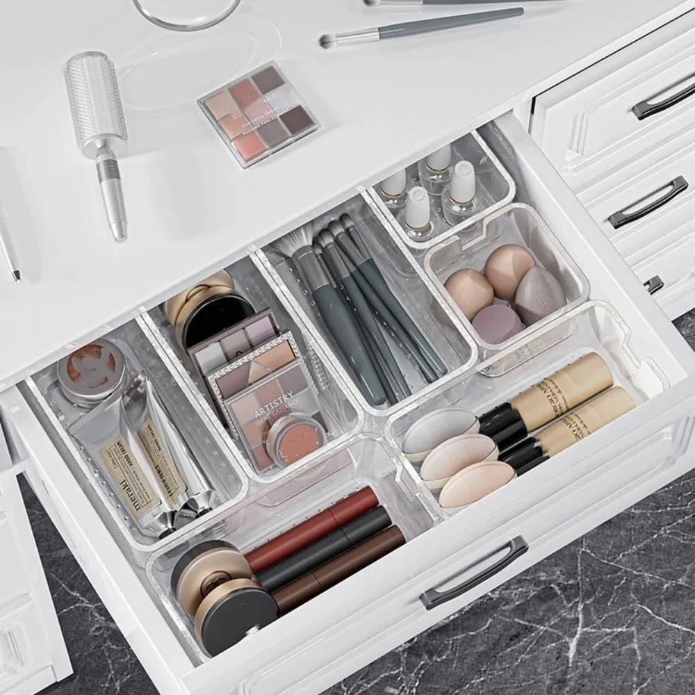 Nuovo organizer per cassetti da scrivania trasparente Risparmia spazio Design con apertura Scatola portaoggetti da tavolo Scaffale multifunzione per cosmetici in PET