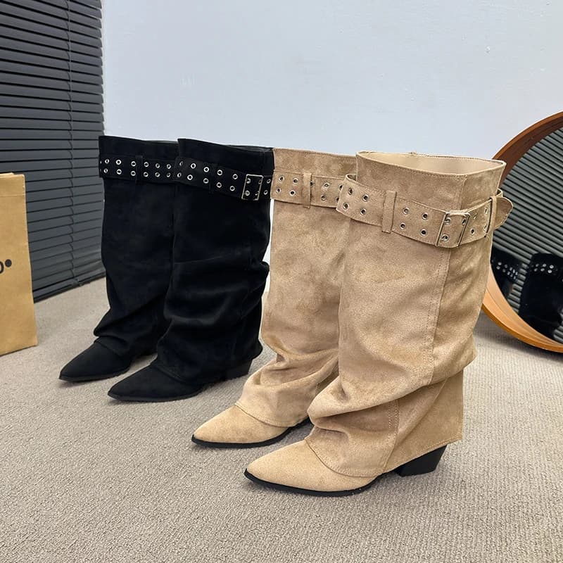 Metal Belt Buckle Soft Sole Anti-slip High Boots Women's Fashion Block Heel Women's Shoes