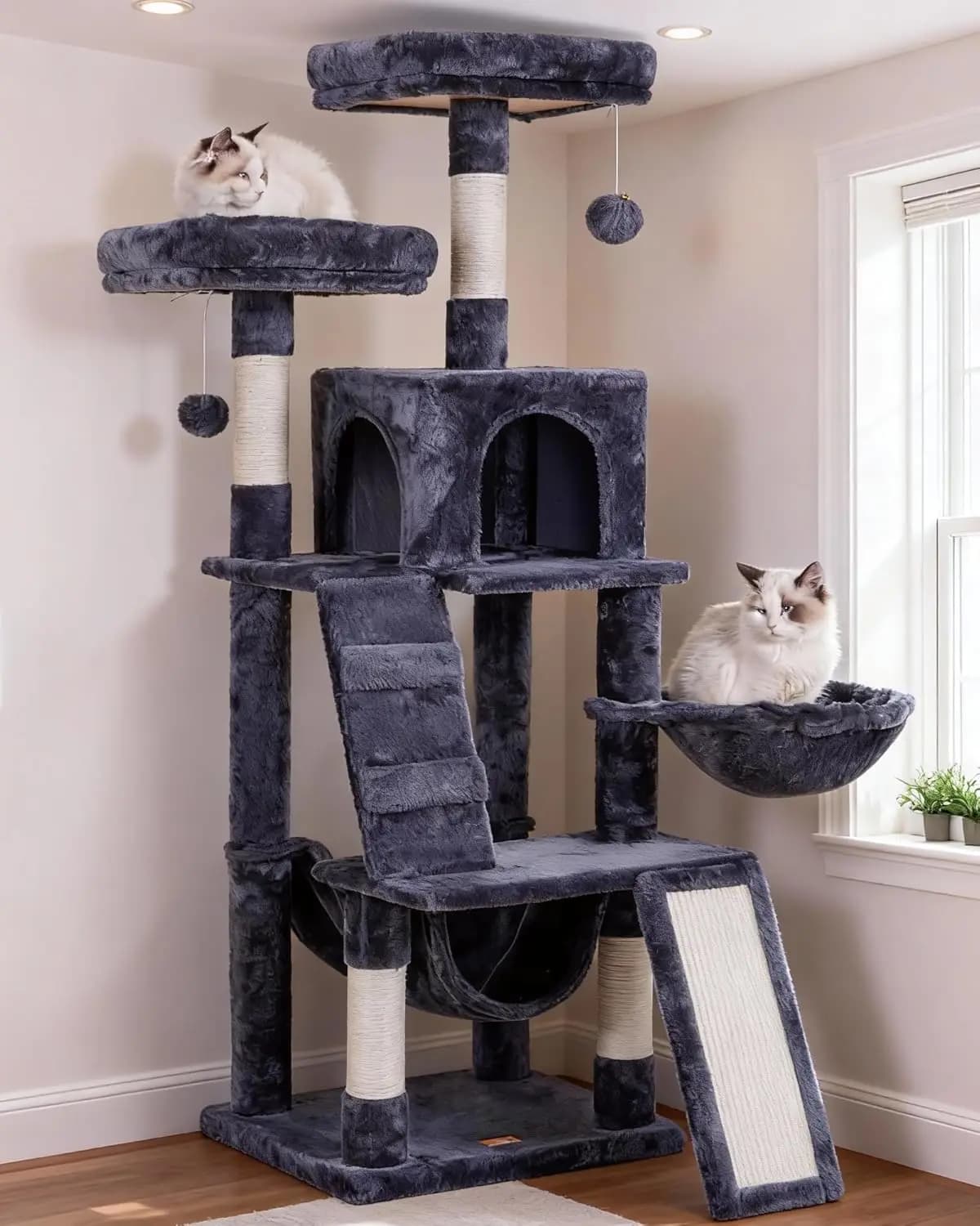 Mobili per Gatti da Interno: Cuccia Multilivello Imbottita in Peluche e Tiragraffi, Grigio Fumo