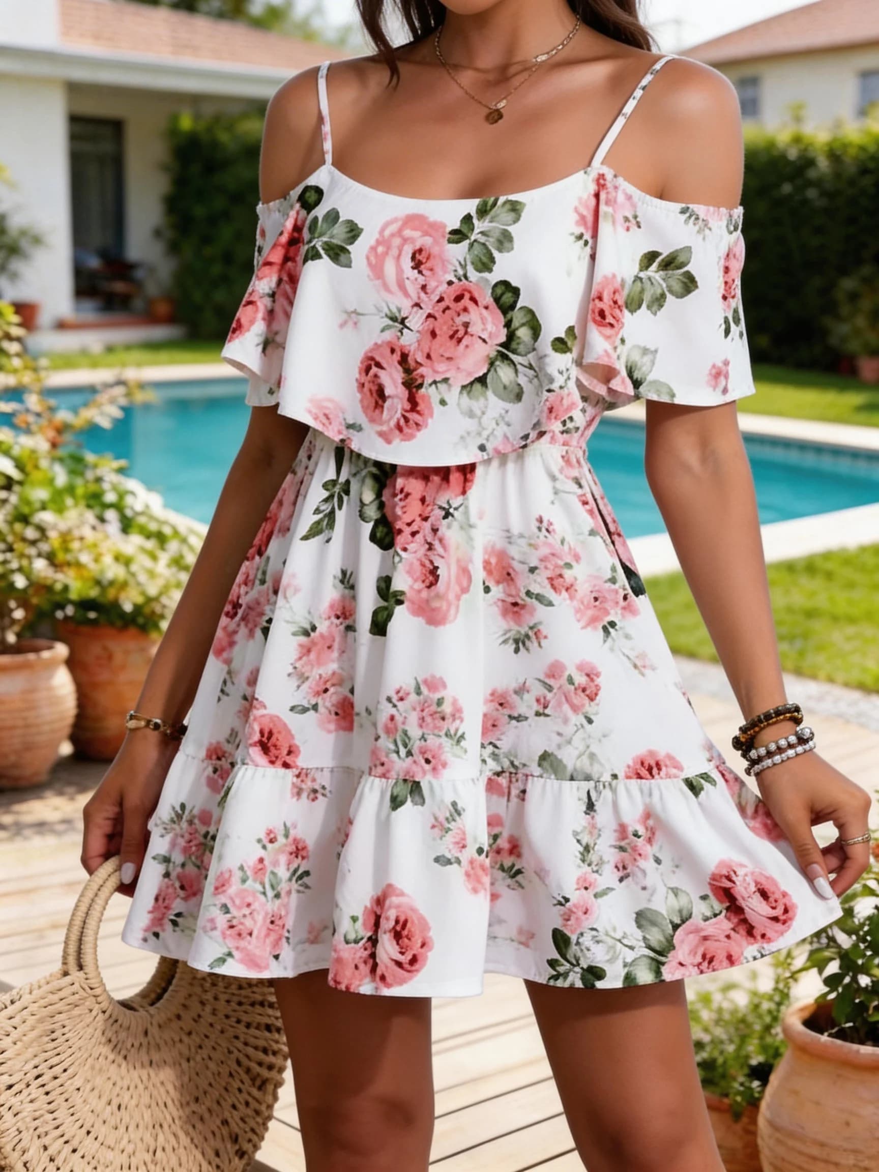 Abito Estivo da Donna Stile Europeo con Stampa Floreale, Top Senza Maniche con Collo all'Americana e Bordo Arricciato, Gonna Corta
