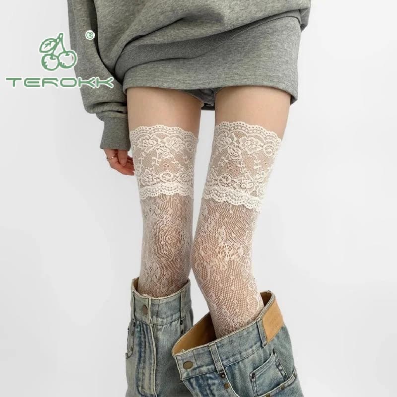 Women's Sexy Lace Floral Fishnet Stockings Costumes JK Lolita Thigh High Socks Nylon Mesh Breathable Over The Knee Stockings