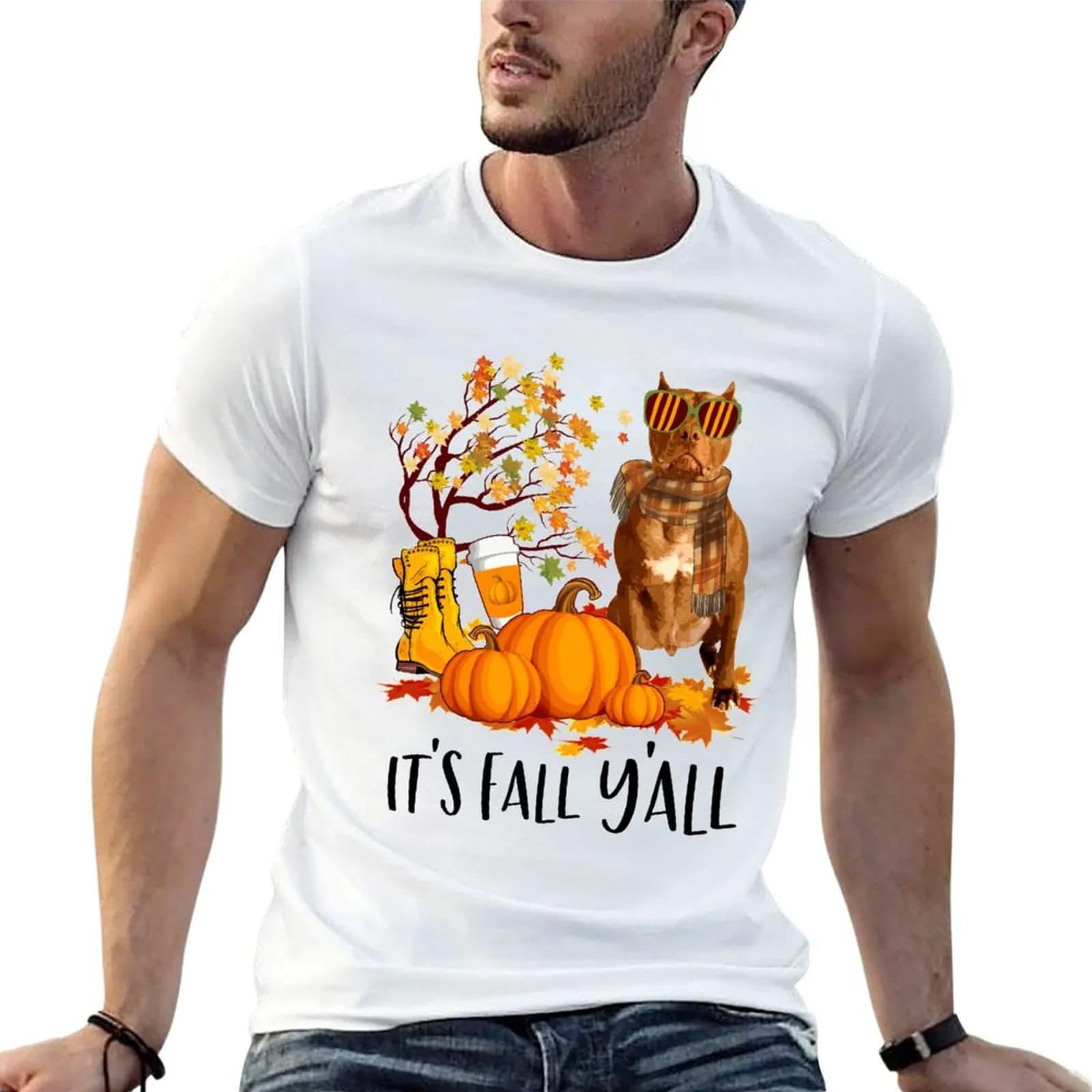 Its Fall Yall Purebred American Pit Bull Terrier Halloween Pet Puppy Sunglasses scarf pumpkin T-Shirt