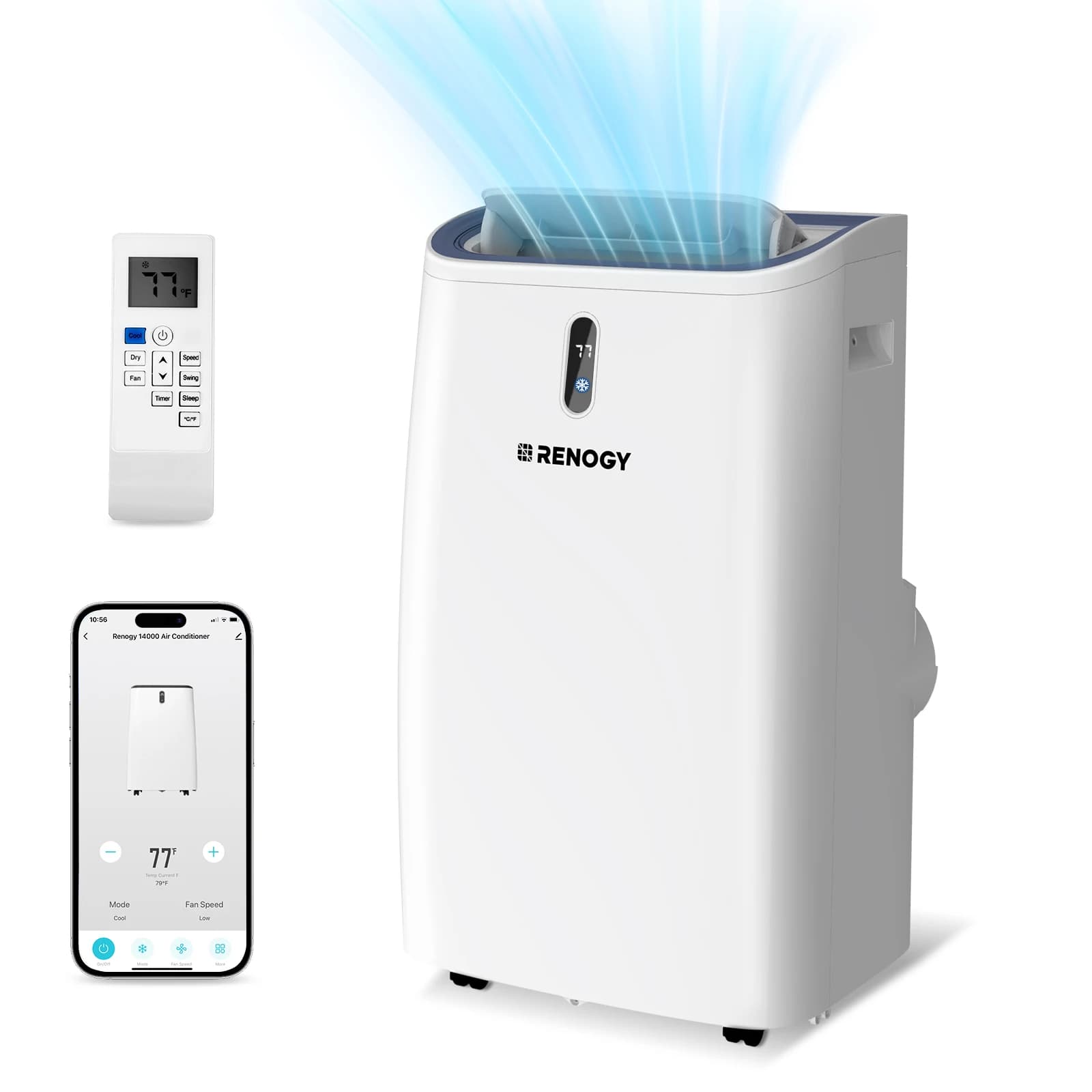 Condizionatore portatile Renogy 14000 BTU, unità 4-in-1 con Smart WiFi: raffreddamento, deumidificatore, ventola e modalità sleep per camera, ufficio, camper fino a 700 piedi quadrati.