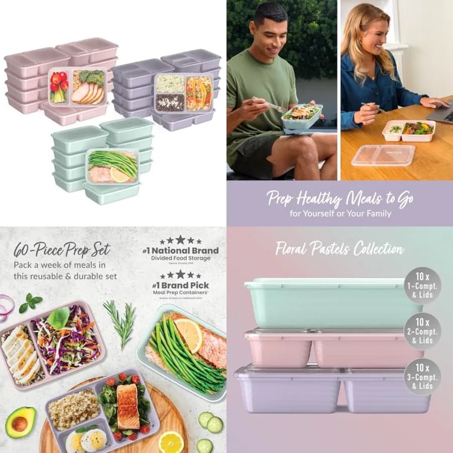 Kit per Preparazione Pasti da 60 Pezzi - Contenitori per Alimenti Riutilizzabili Senza PFAS e BPA, 1 Scomparto, 2 Scomparti, 3 Scomparti - Adatti al Microonde