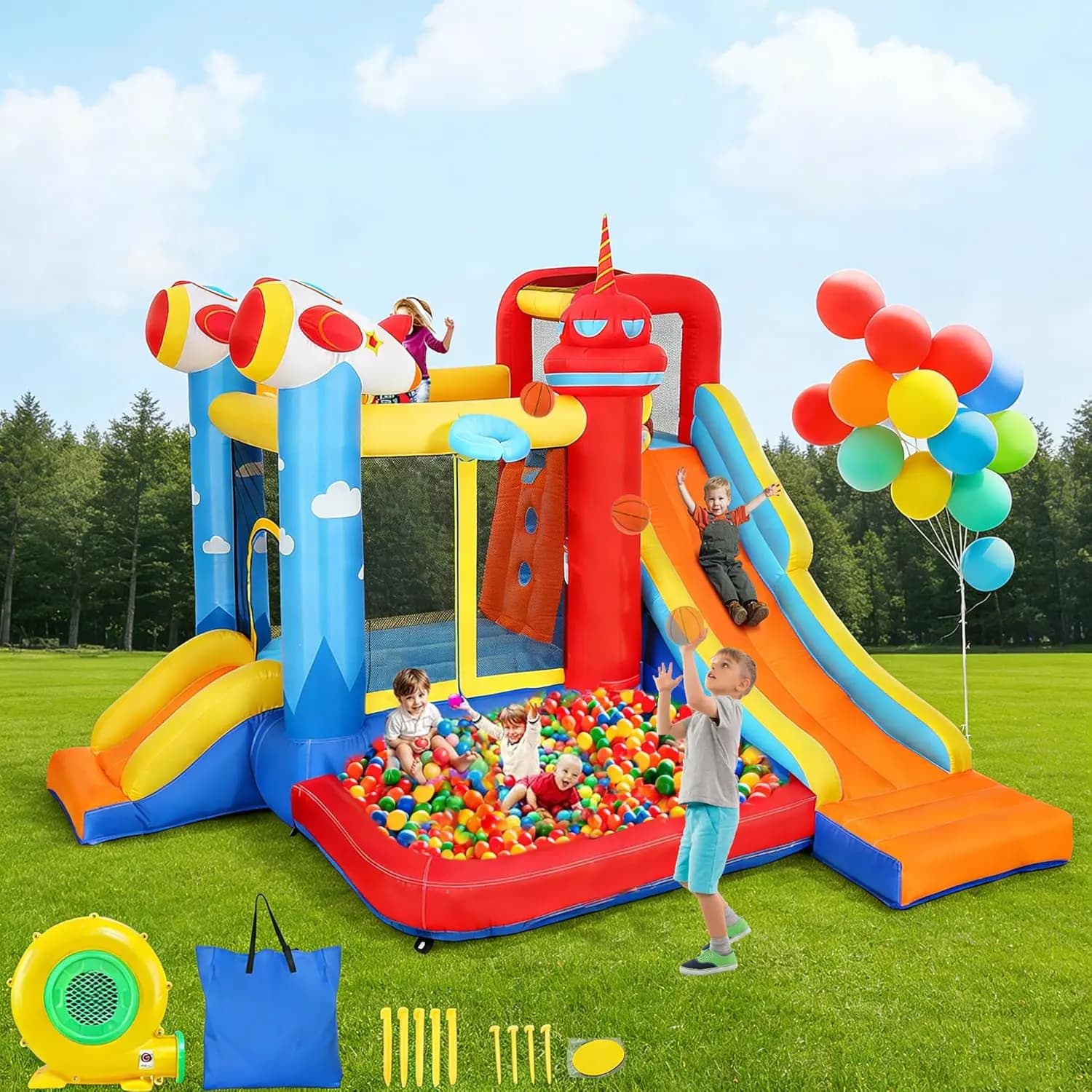 Inflatable Water Slide, Inflatable Castle 7-in-1 with Pool, Bouncy Area, Slides and Basketball Basket, Customizable