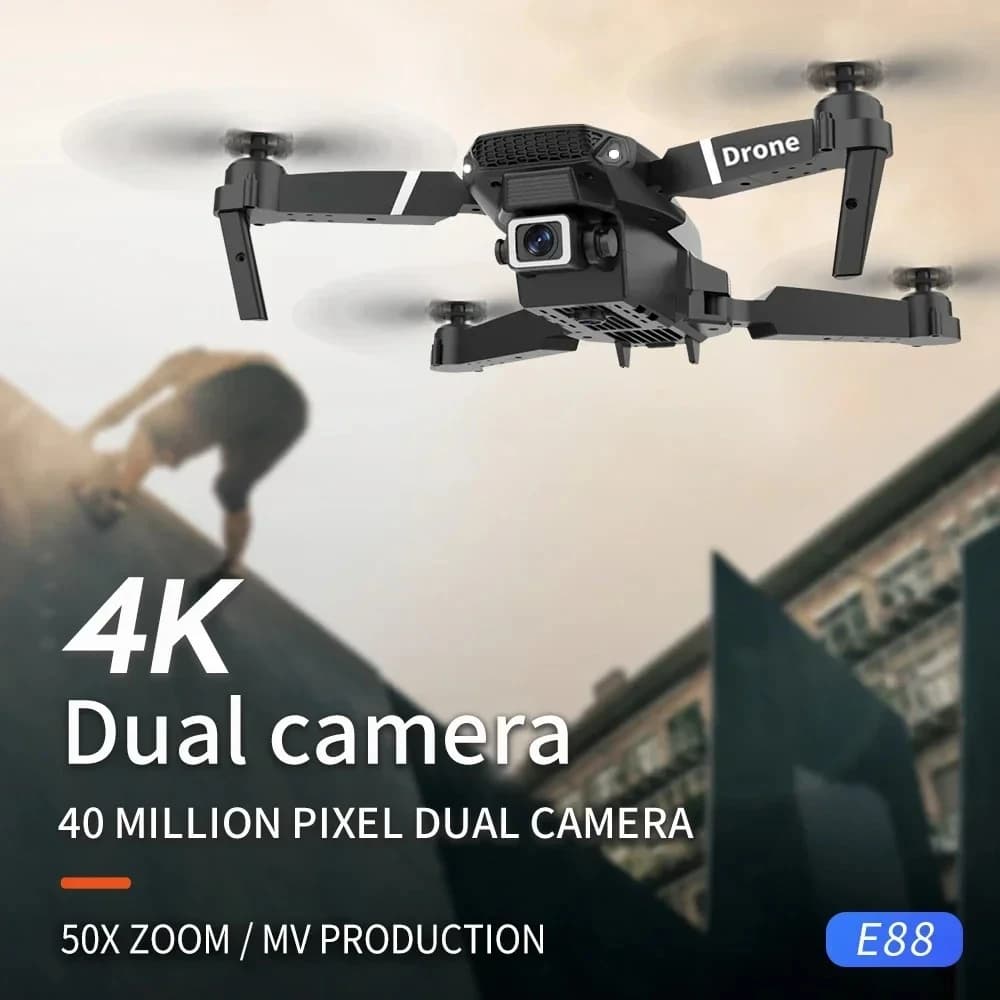 Drone E88 WiFi FPV con Doppia Fotocamera 4K 1080P, Quadricottero Pieghevole con Mantenimento dell'Altitudine, Elicottero RC Giocattolo
