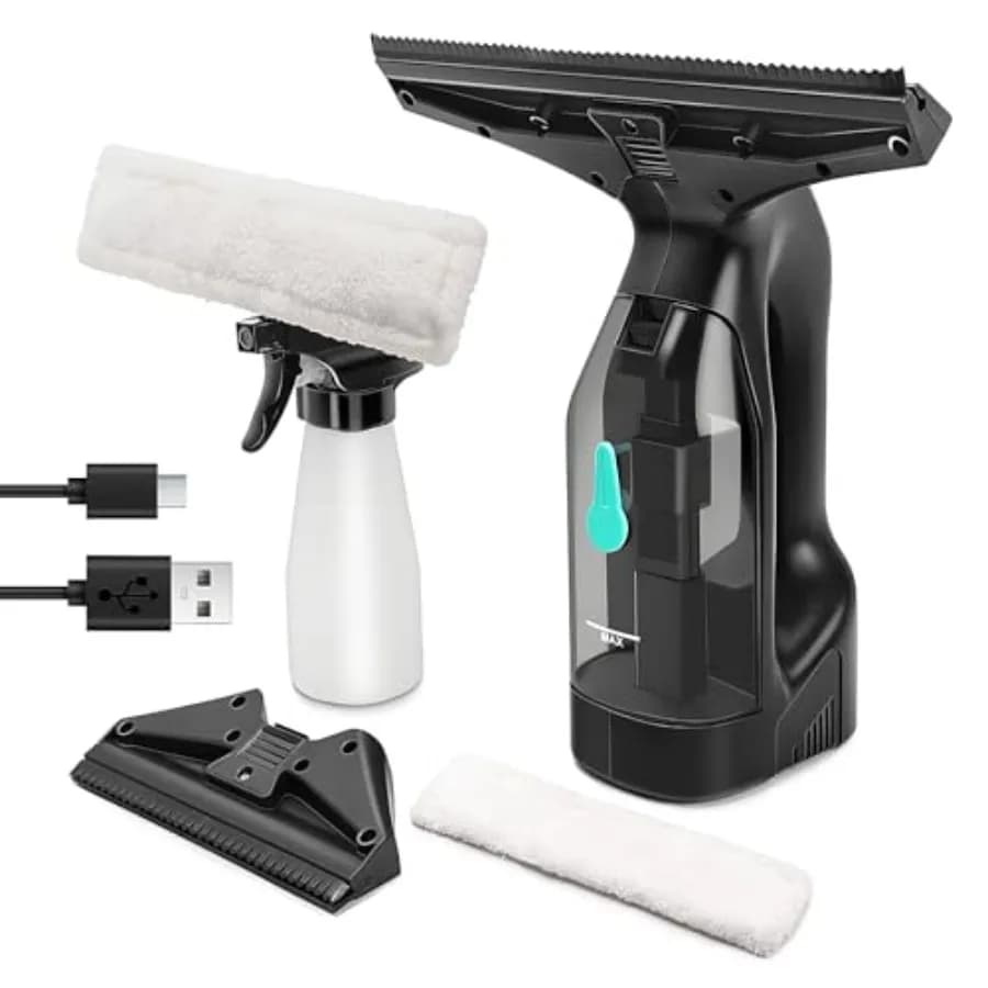 Kit Aspirapolvere per Finestre Senza Fili, 35 Minuti di Autonomia e 2 Ugelli di Aspirazione, Strumento di Pulizia Tutto-in-Uno, Kit Elettrico con Spazzola e Spruzzatore