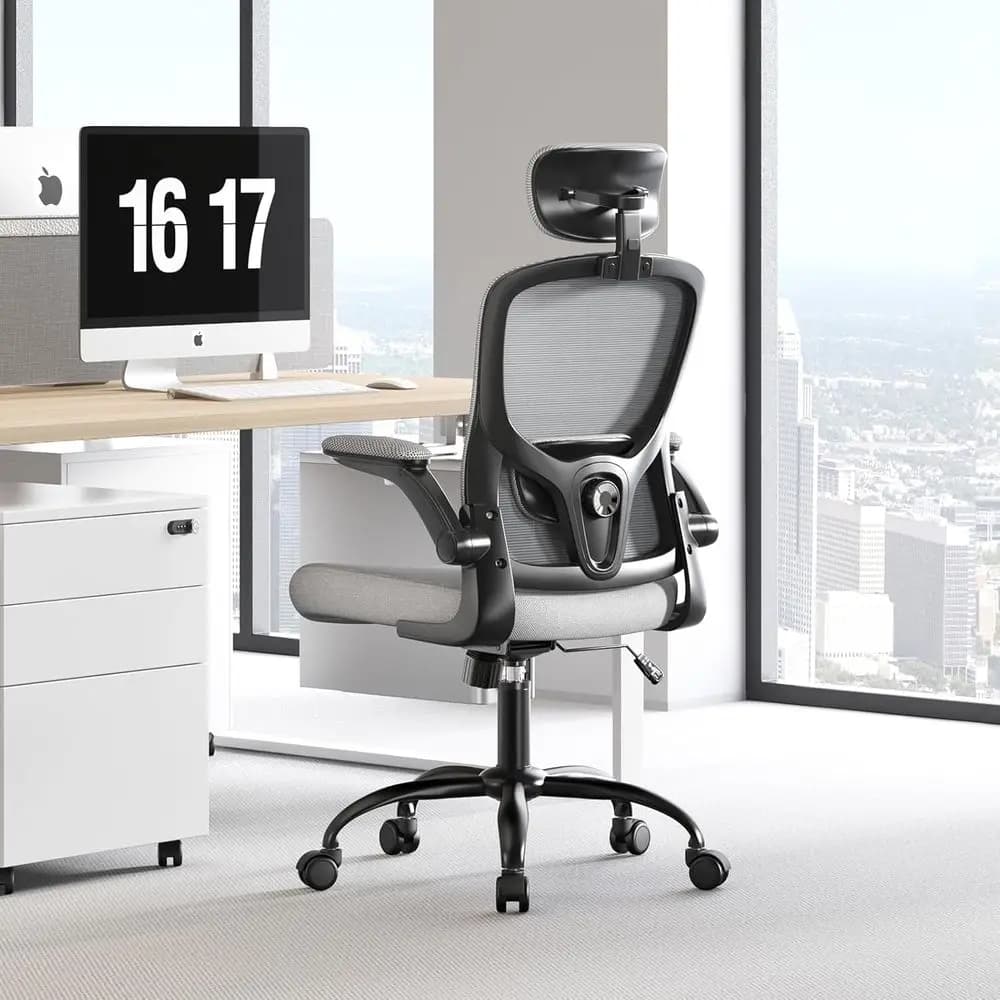 Sedia da ufficio ergonomica - Supporto lombare regolabile e poggiapiedi, sedia da scrivania con schienale alto e braccioli ribaltabili o per ufficio domestico, 90-120 ° Girevole e Orientabile
