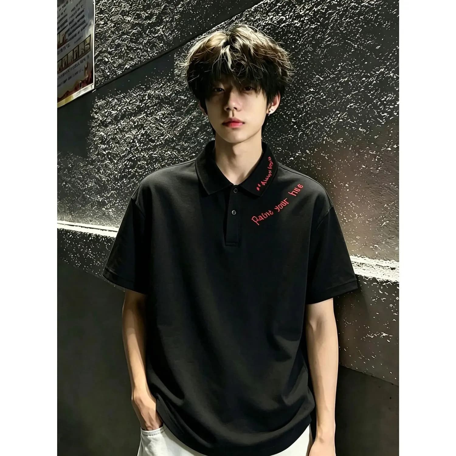Black American Embroidery Shirt Short Sleeve Men's Style Summer Trendy High-End Feel Collar T-Shirt Shoulder-Length Half...