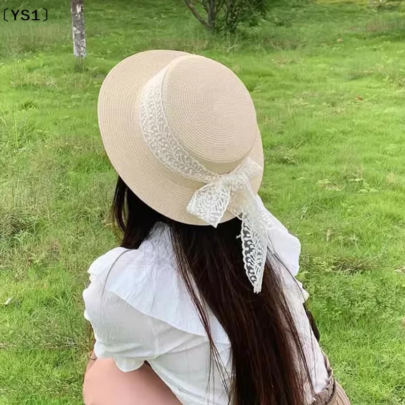〔YS1〕Cappello di paglia estivo da spiaggia per donna, con fiocco in pizzo, tesa larga, protezione solare, cappello da viaggio alla moda per vacanze, cappello con protezione solare