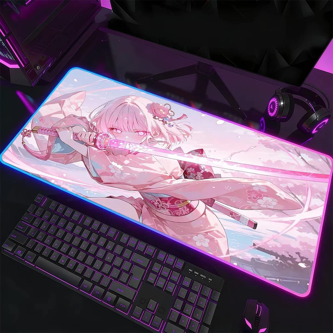 RGB Gaming Mouse Pad,Large Size,Anti-slip,Stitched Edges,Soft Rubber,Pink Hair Kimono Katana Girl Deskpad For Office