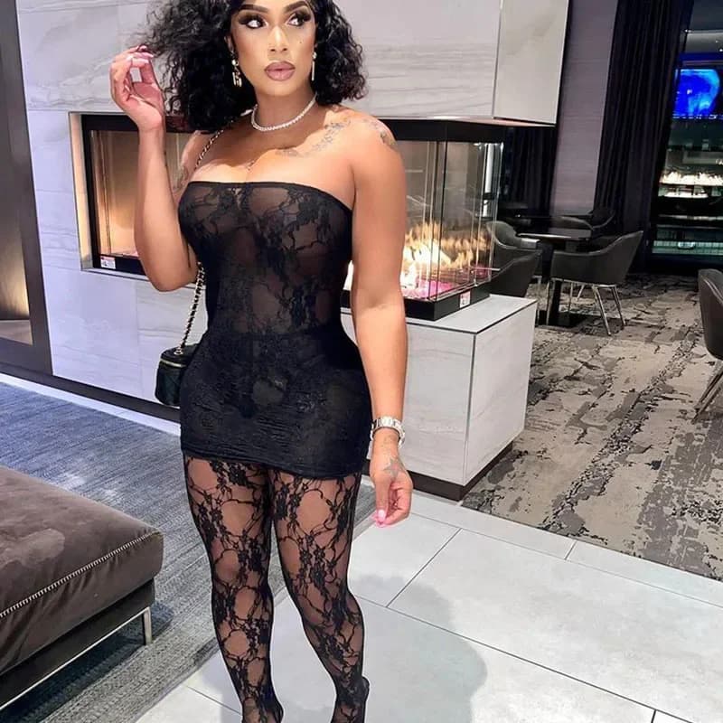 Sexy Night Club Outfits for Women Two Piece Set Birthday Party See Through Lace Tube Strapless Top and Leggings Matching Sets