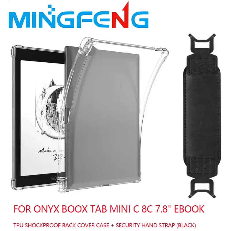 2 in 1 per Onyx Boox Tab Mini C 8C 7.8 "eBook Portapenne trasparente Custodia posteriore antiurto in TPU + cinturino da polso di sicurezza (nero)