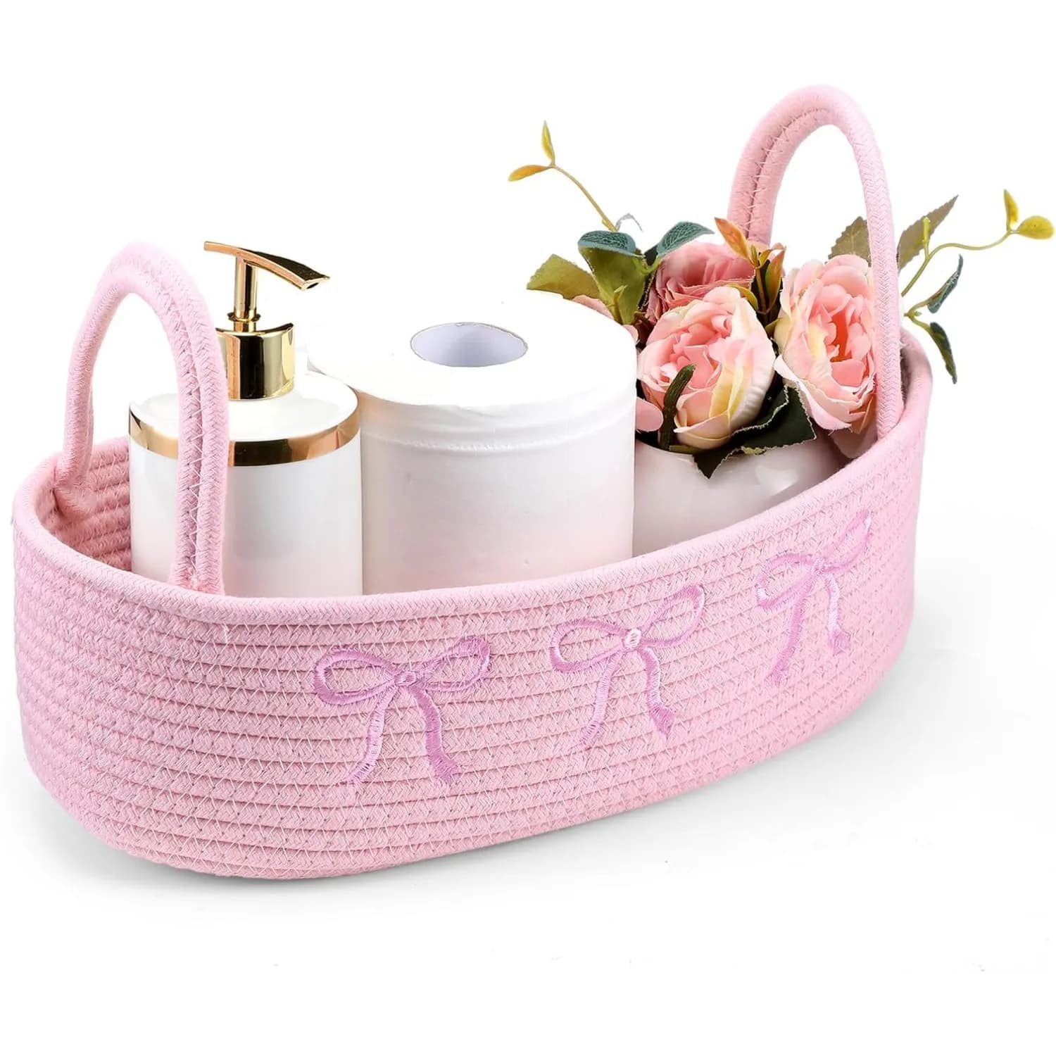 Cesto portaoggetti ovale in corda di cotone intrecciata con manico, porta carta igienica, organizer da bagno, 1 pz