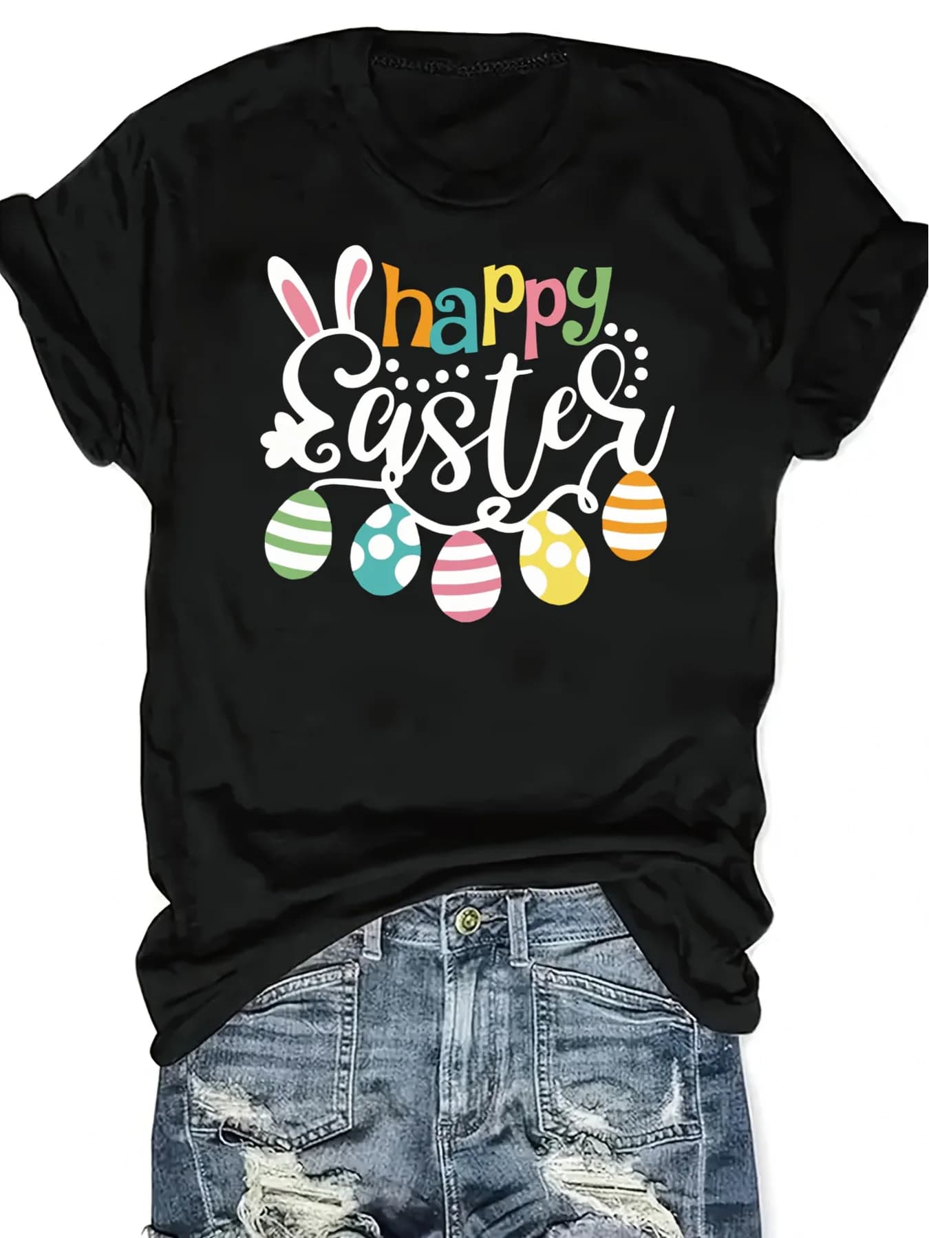 Women's t-shirt for Easter with rabbit ears, colorful eggs, print of cheerful letters, crew neck