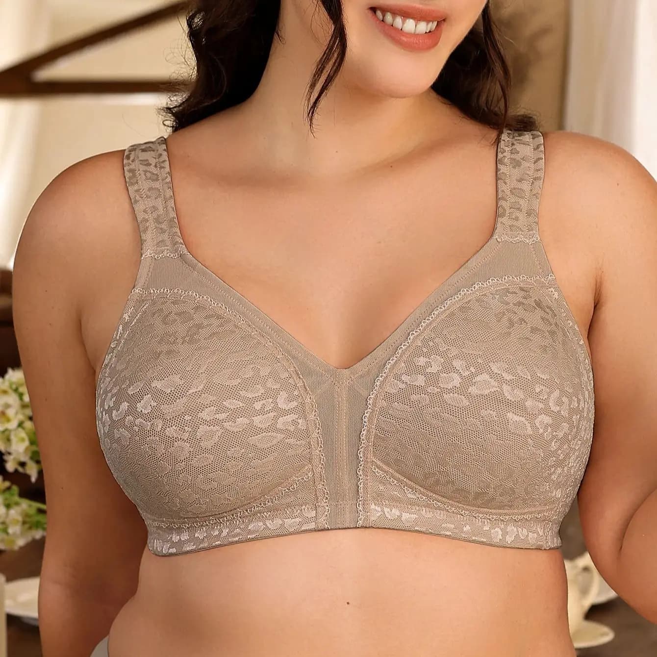 Wingslove Reggiseno minimizzatore wireless con stampa leopardata per donna Taglie forti Copertura completa Spalline larghe non imbottite Comodo reggiseno quotidiano GH