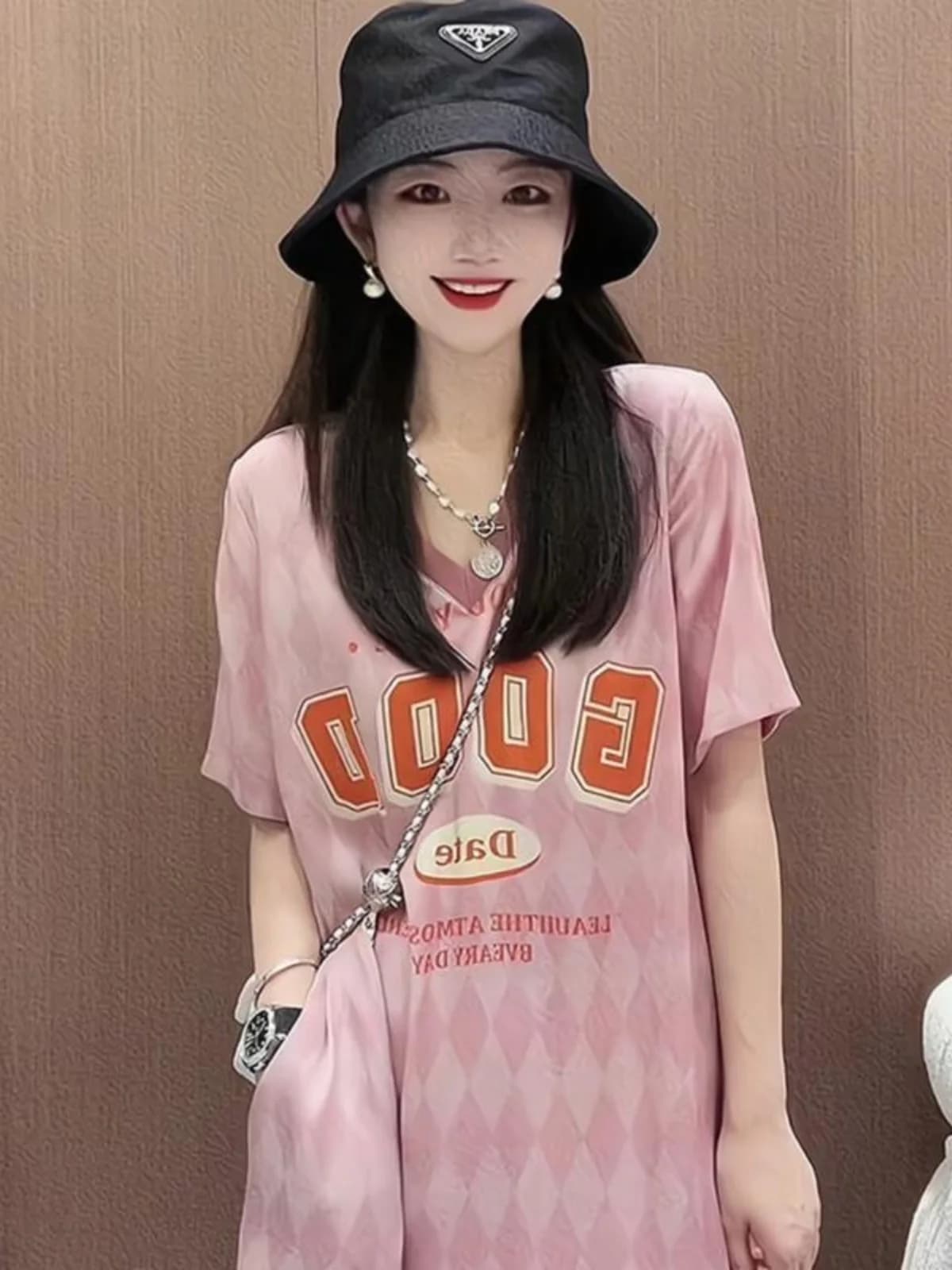 plus Size Loose Draped Slimming Dress Women's European Style Knee-Length T-Shirt Dress Short Sleeve V-Neck Printed Commute