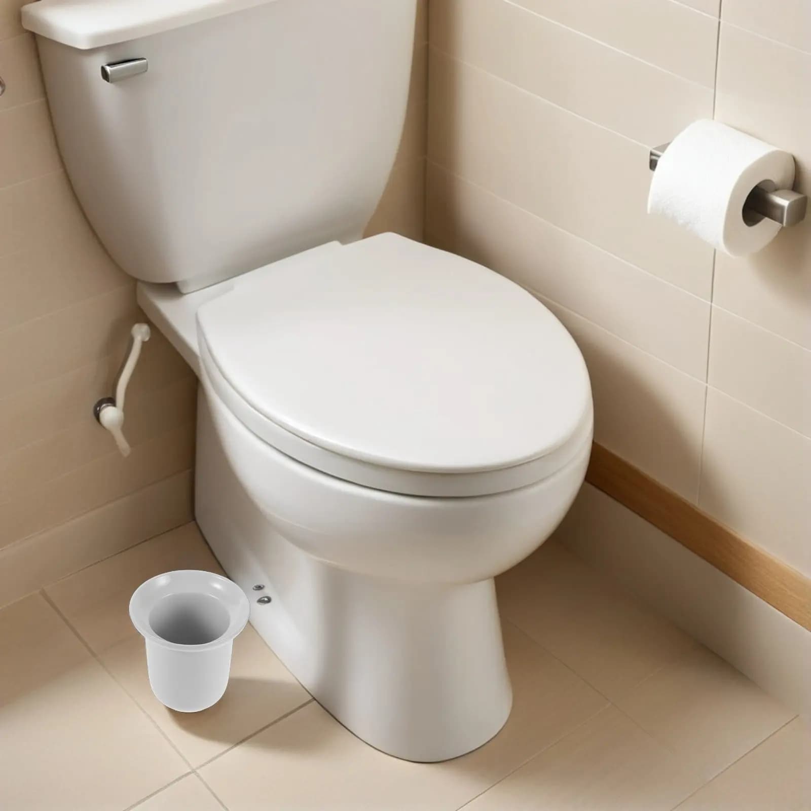 Portascopino WC in Ceramica Bianca, Design Salvaspazio ad Angolo, Elegante e Moderno per la Pulizia del Bagno