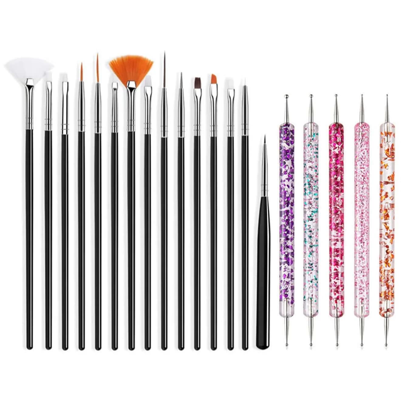 Set of 5/20 Nail Art Brushes, for Drawing, Painting, Cut-out and Punching, Flat and Venting Brushes for Acrylic Gel and UV Nail Polish, Manicure Tools