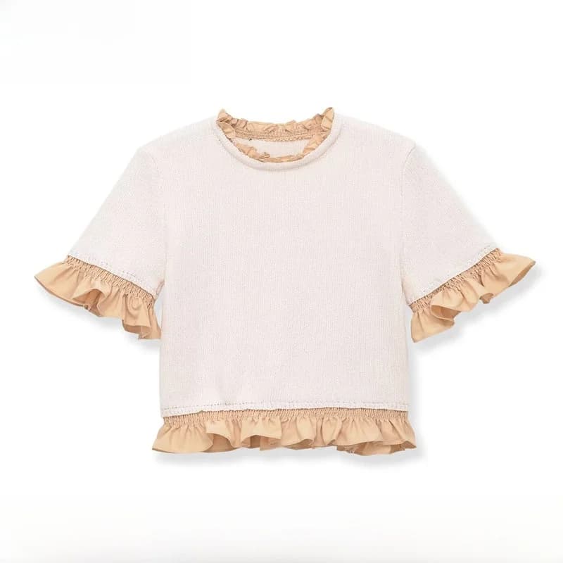 Fashionable round Neck Short Sleeve Knitted Top with Ruffle Splicing Spring Summer New Arrival Women's Polyester Fiber Blouse