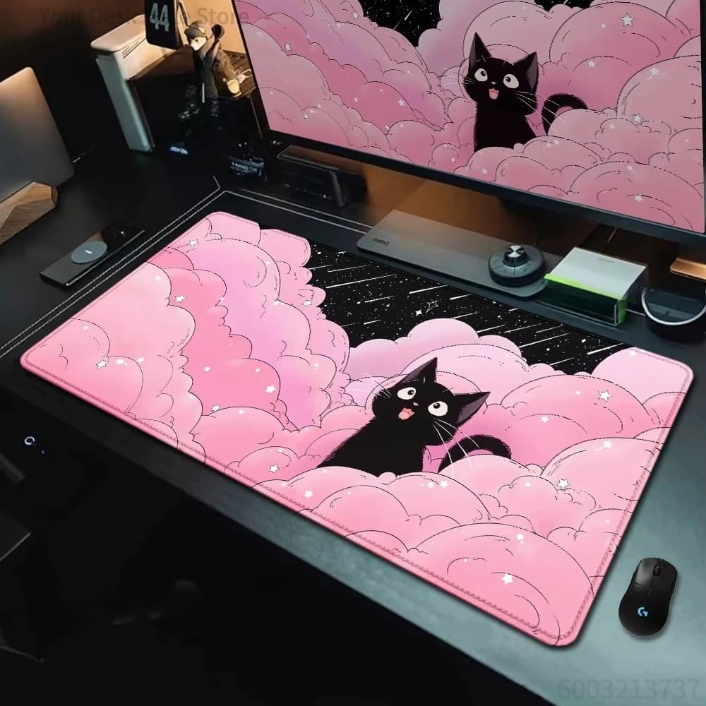 Simpatico tappetino per mouse grande con gatto nero tra nuvole rosa, tappetino da scrivania Kawaii con cielo stellato per gaming e ufficio
