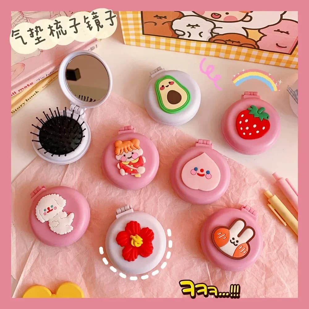 1pc cute folding air bag comb with compact mirror pocket brush for travel hair portable cosmetic mirror massager for head relaxation