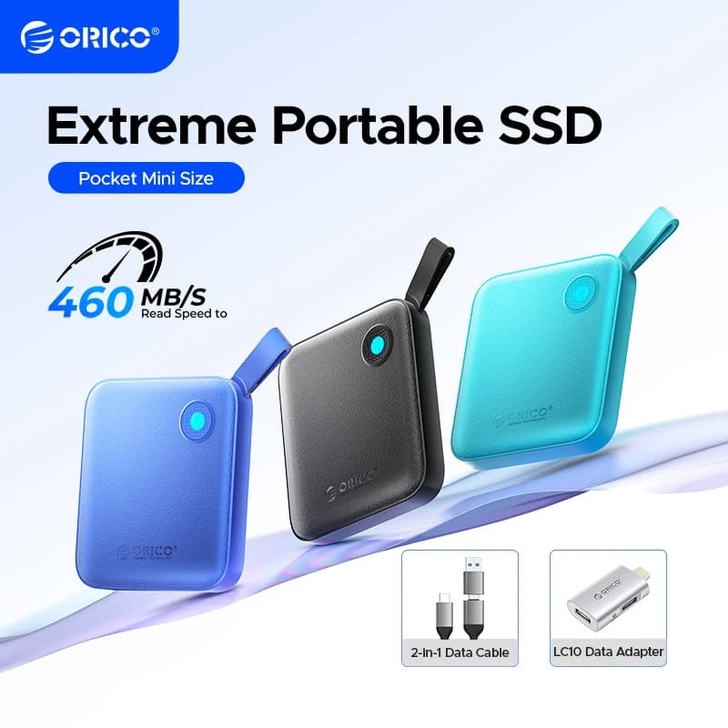 SSD portatile ORICO con cavo USB C 2 in 1, unità a stato solido esterne, fino a 460 MB/s per iPhone 14 13 11 12 X IPad PC