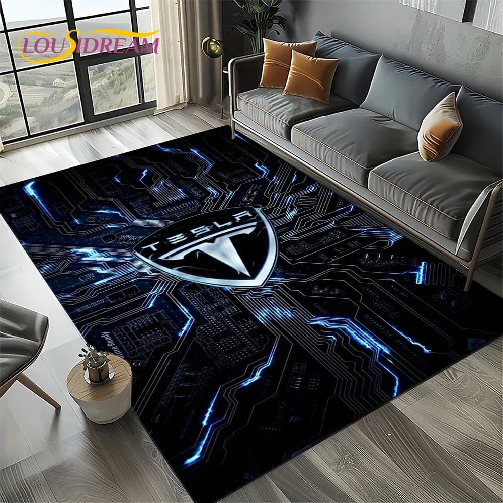 Tappeto 3D con Logo Tesla per Soggiorno, Camera da Letto, Decorazione Casa, Tappeto per Bambini Antiscivolo