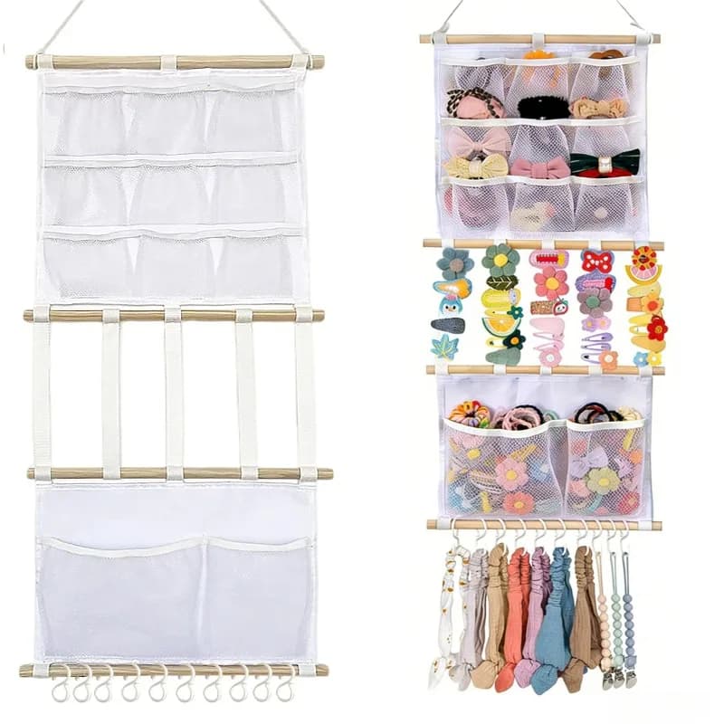 Wooden Rod Hanging Storage Bag, Wall Tapestry Organizer for Hair Clips Hair Ties