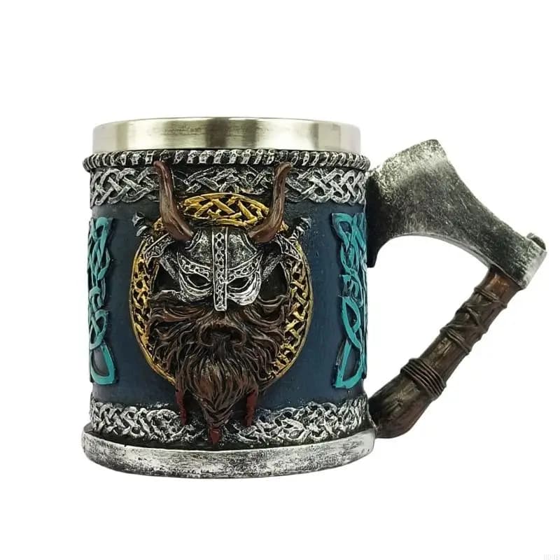 Boccale da birra gotico a tema storico con inserto in acciaio e manico con asce Boccale da pirata medievale Bicchiere da bere