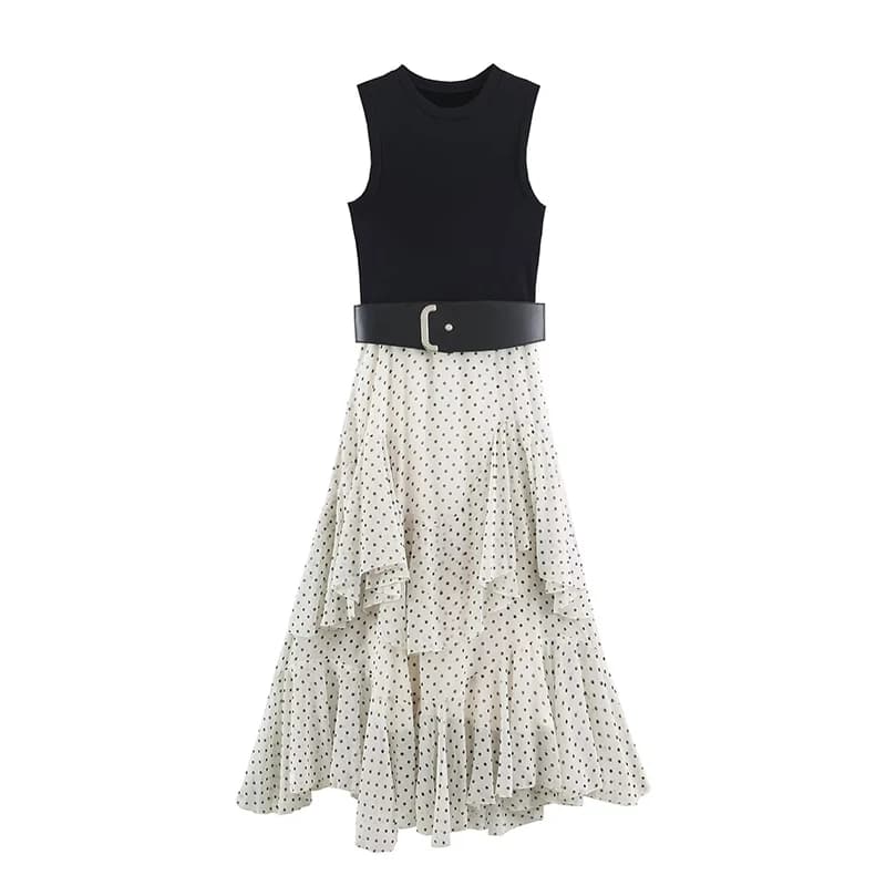 YENKYE Elegant Women Patchwork Polka Dot Ruffled Belted Dress Round Neck Sleeveless Midi Vestidos