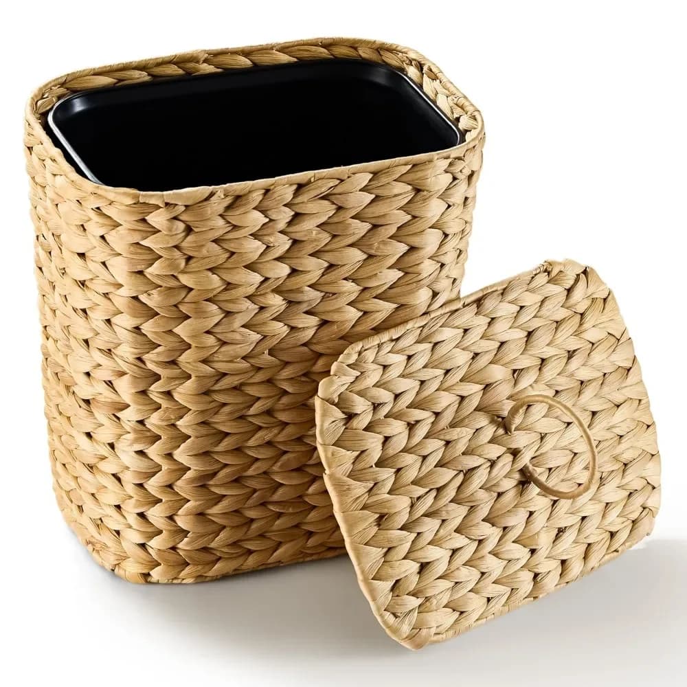 Cestino per Rifiuti in Rattan Intrecciato a Mano da 2,6 Galloni con Coperchio e Contenitore Interno Rimovibile per Bagno, Camera da Letto, Ufficio, Cucina