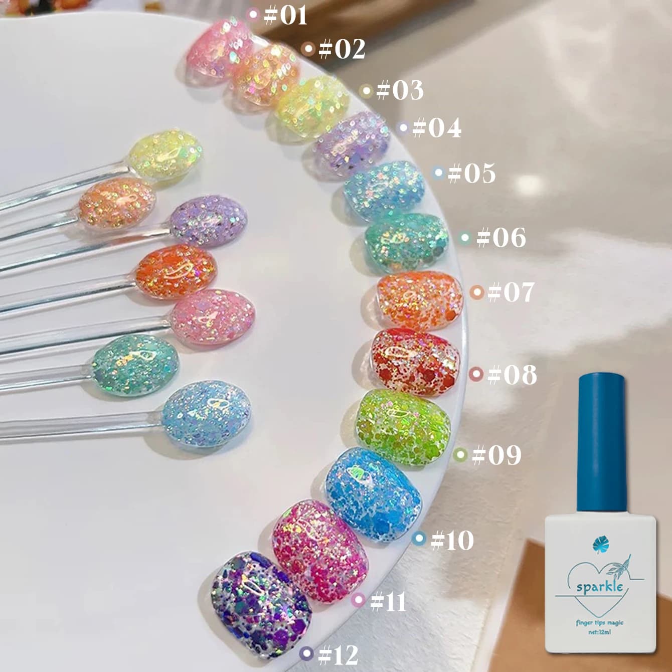 Smalto Gel Glitter Arcobaleno 12ml, 12 Colori con Paillettes Olografiche, Gel UV LED Super Brillante Stile Lollipop, Smalto per Unghie Semipermanente