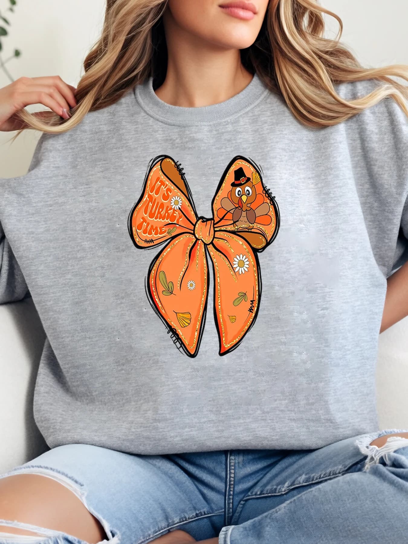Crewneck sweatshirt with bow print Turkey for Thanksgiving Women Casual Autumn Winter Grey Plus Size