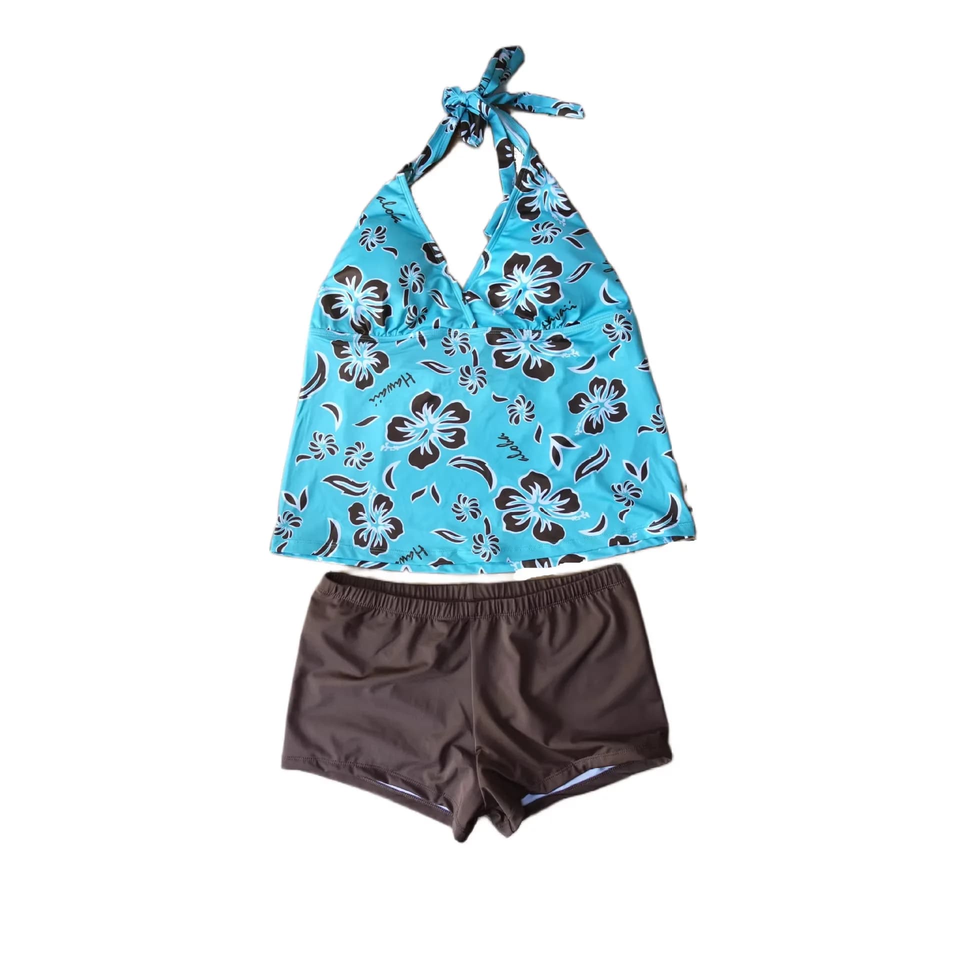 Costume da bagno due pezzi con stampa floreale, top con scollo all'americana e spacco, pantaloncini a vita bassa a tinta unita.