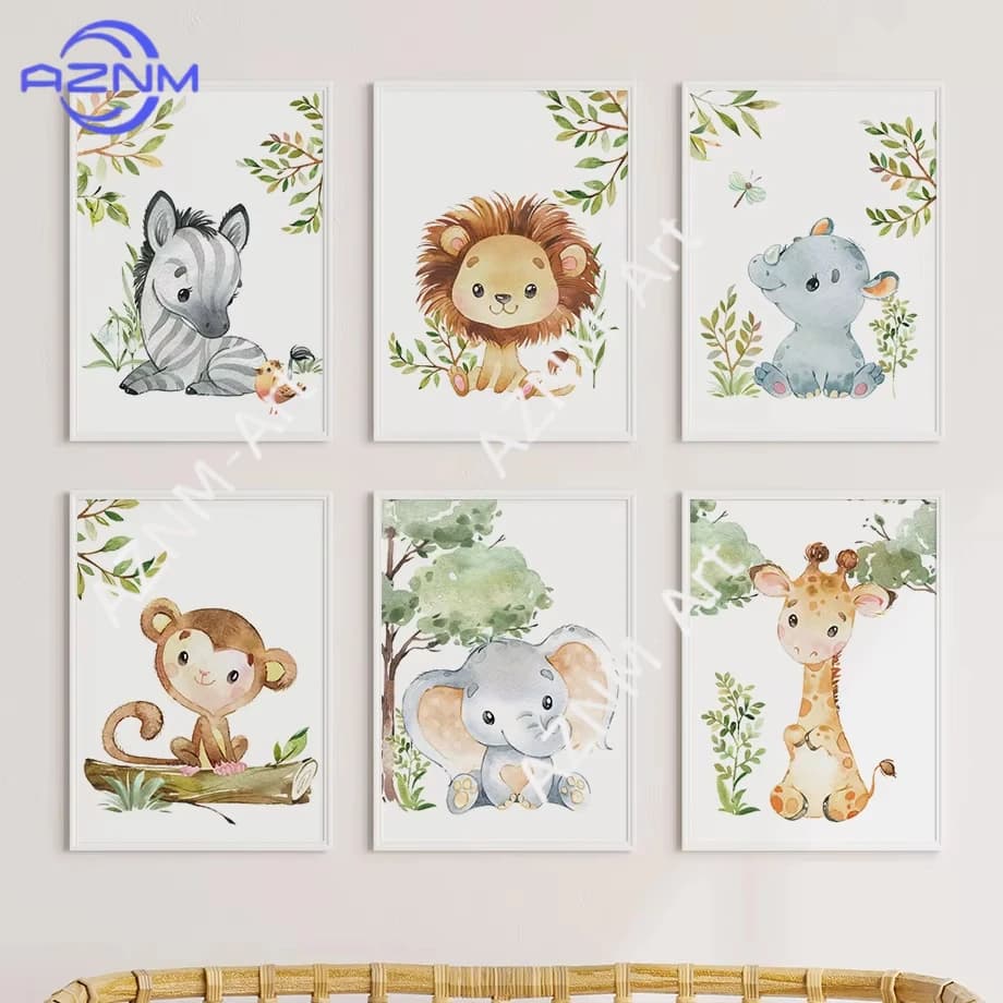 1/6pcs Watercolor Animal Nursery Poster Lion Zebra Monkey Rhino Wall Mural Print Canvas Painting Wall Pictures Kids Room Decor