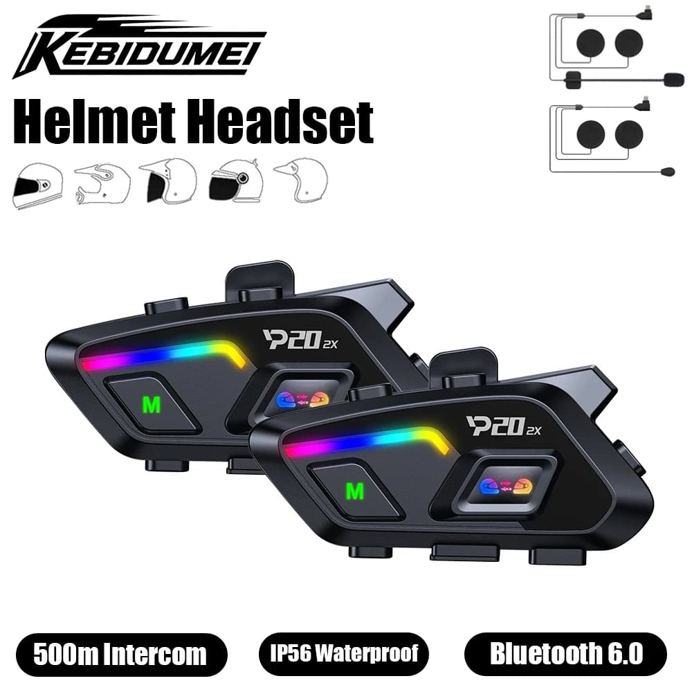 KEBIDUMEI P20 2X Casco Auricolare Interfono Moto Bluetooth 6.0 Altoparlante Senza Fili 500m Condivisione di Musica Cuffia Accessori Moto