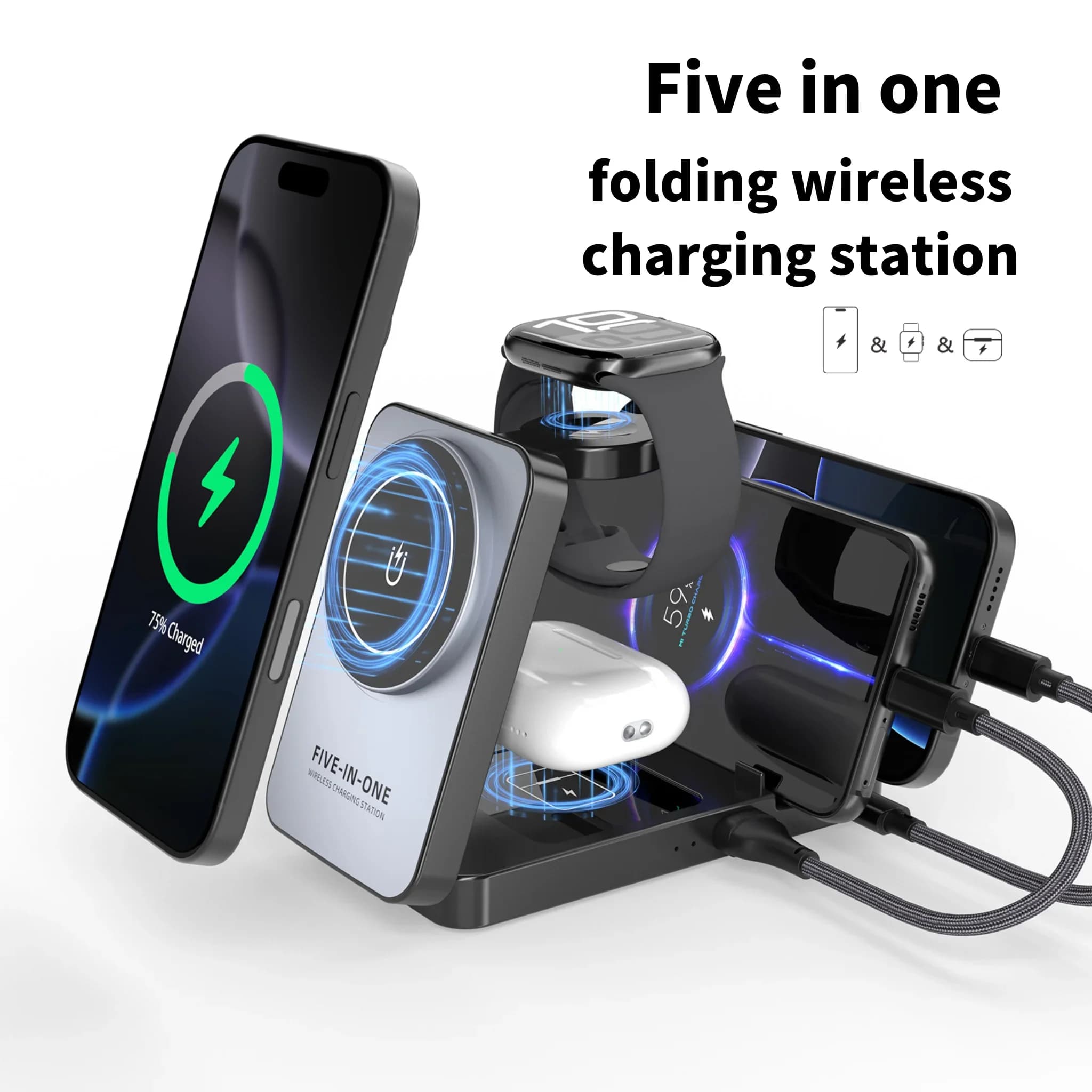 Foldable 5 in 1 18W wireless charging station for iPhone 16 15 14 13 12 Pro Max, iWatch Ultra, Airpods Pro, quick charging support.