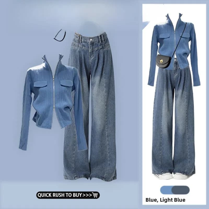 New European Design Knitted Open Cardigan with Fake kets And Double Zipper High Waist Wide Leg Jeans Two Piece Set