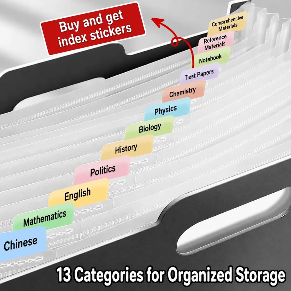 13 Pockets Expanding File Folder A4 Vertical Accordion Document Organizer Large Capacity Handheld Test Paper Storage Bag
