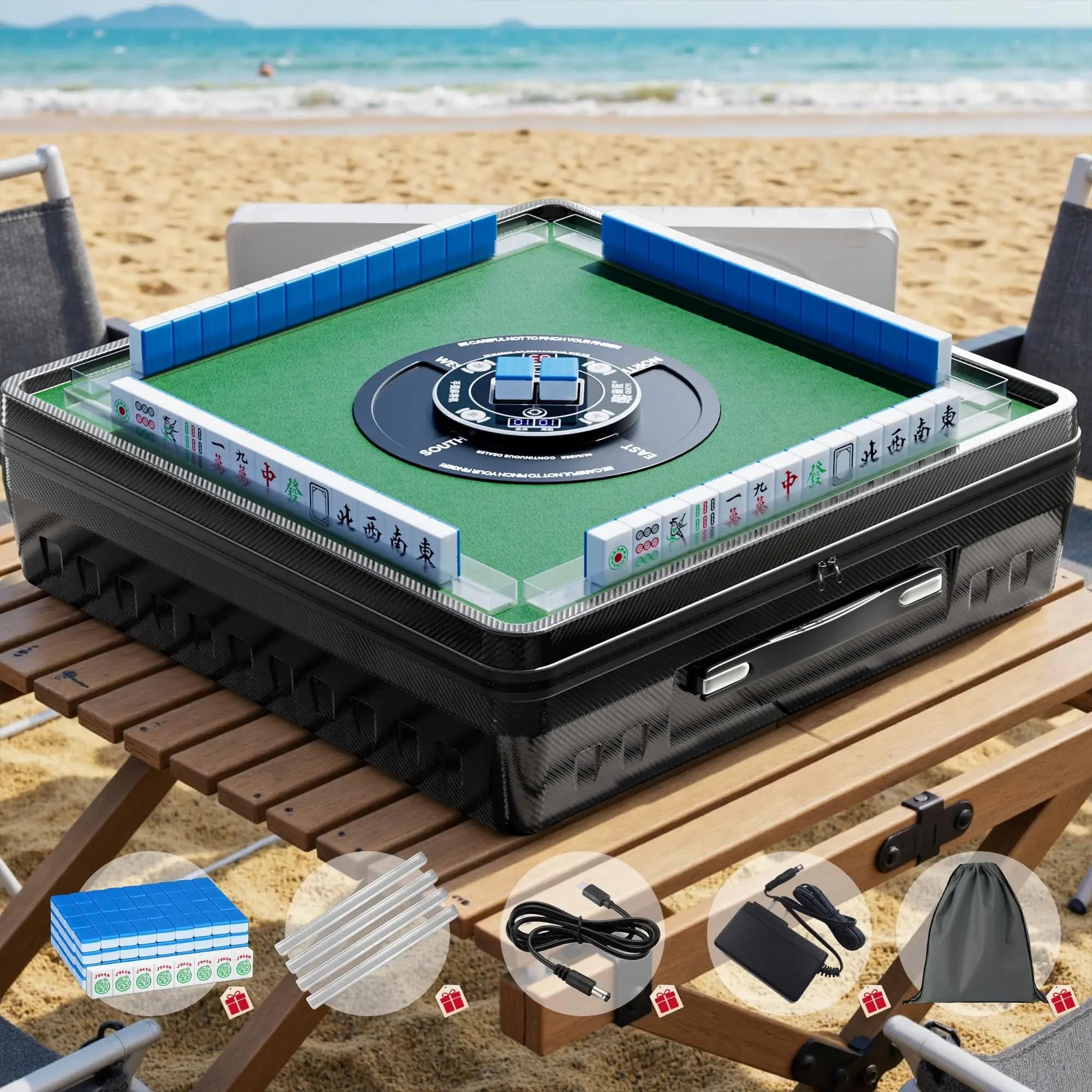 Portable Electric Mahjong Table With 144 Magnetic Tiles Auto Shuffling For Indoor Outdoor Use