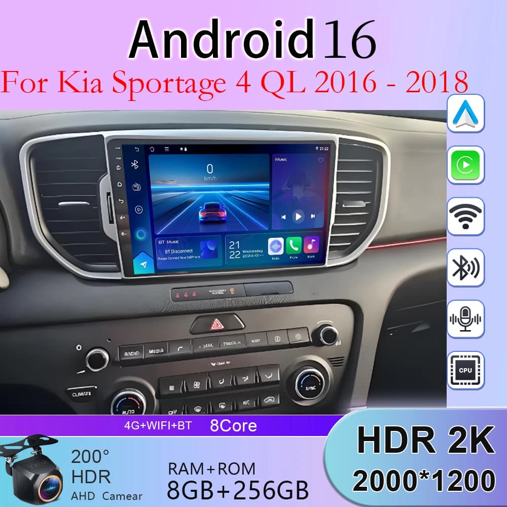 Autoradio stereo GPS BT per Kia Sportage 4 QL 2016 2017 2018 Android 16 con Carplay, navigazione, multimedia, WIFI+4G, DSP.