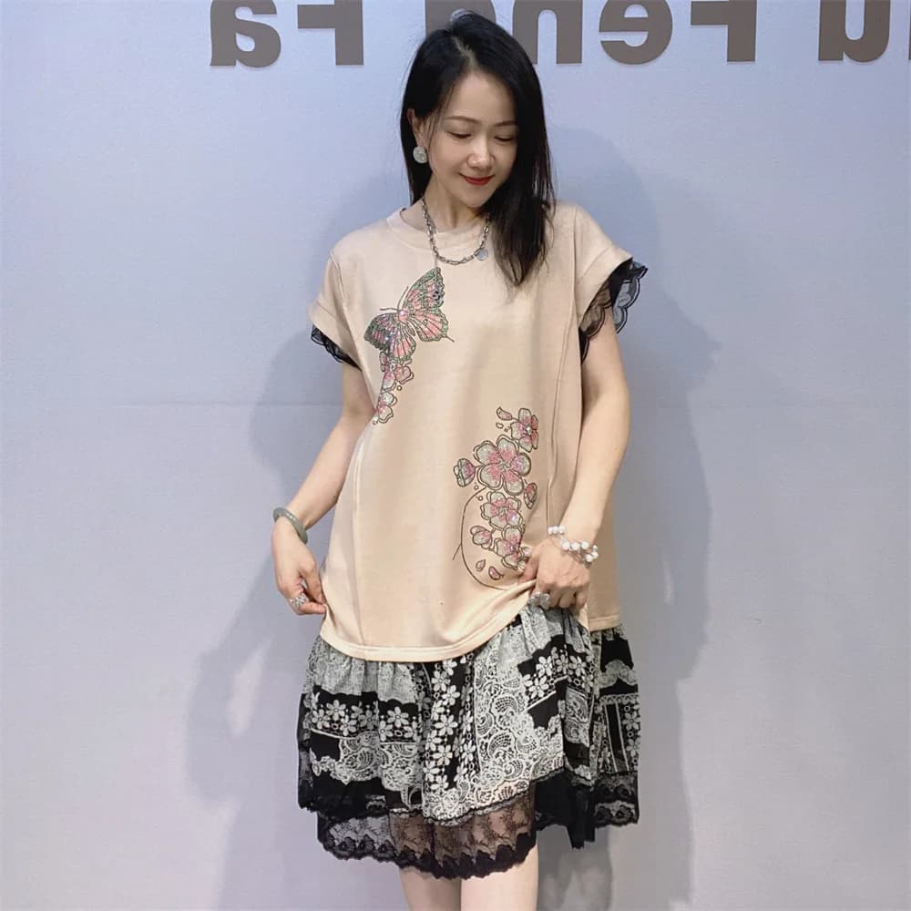 Casual Flowers Diamonds Dress for Women Clothing Summer Short Sleeve Loose Pullovers Knee Length Patchwork Dresses Robe Femme