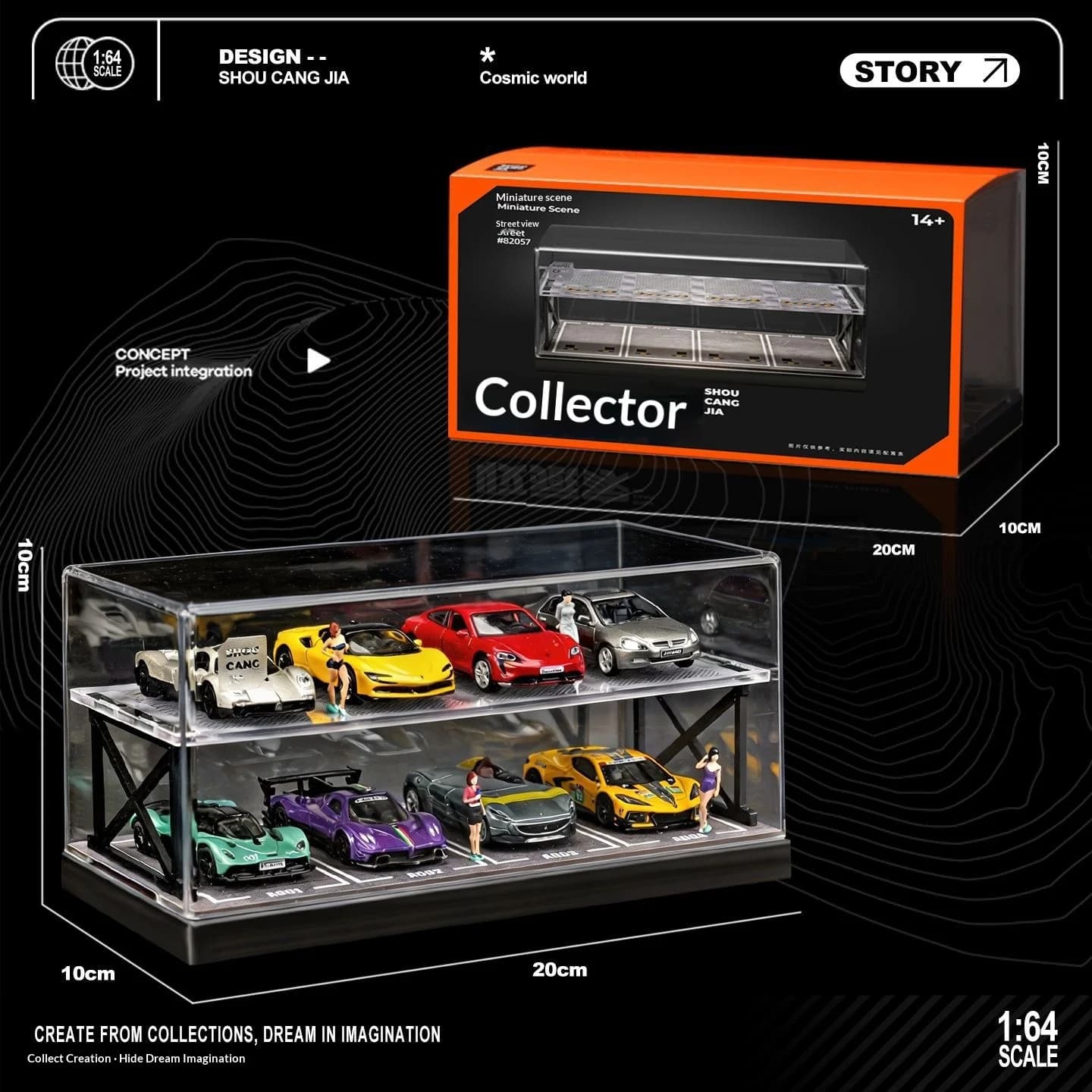 Collector 1:64 Scale Two-Story Parking Garage Diorama – Snap-Fit Assembly with Dust-Proof Cover & LED Lights, Storage Display