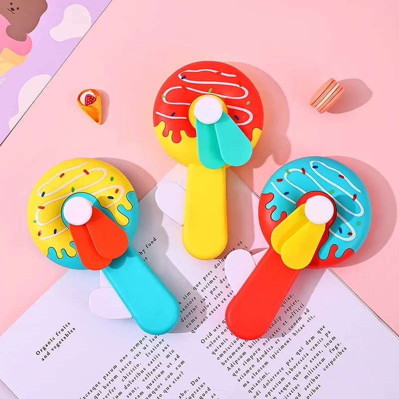 Cartoon Hand Pressed Mini Fan No Battery Required Manual Pocket Fan 2/3/4Pcs Set Creative Donut Ice Cream Toy Fan for Kids Gift