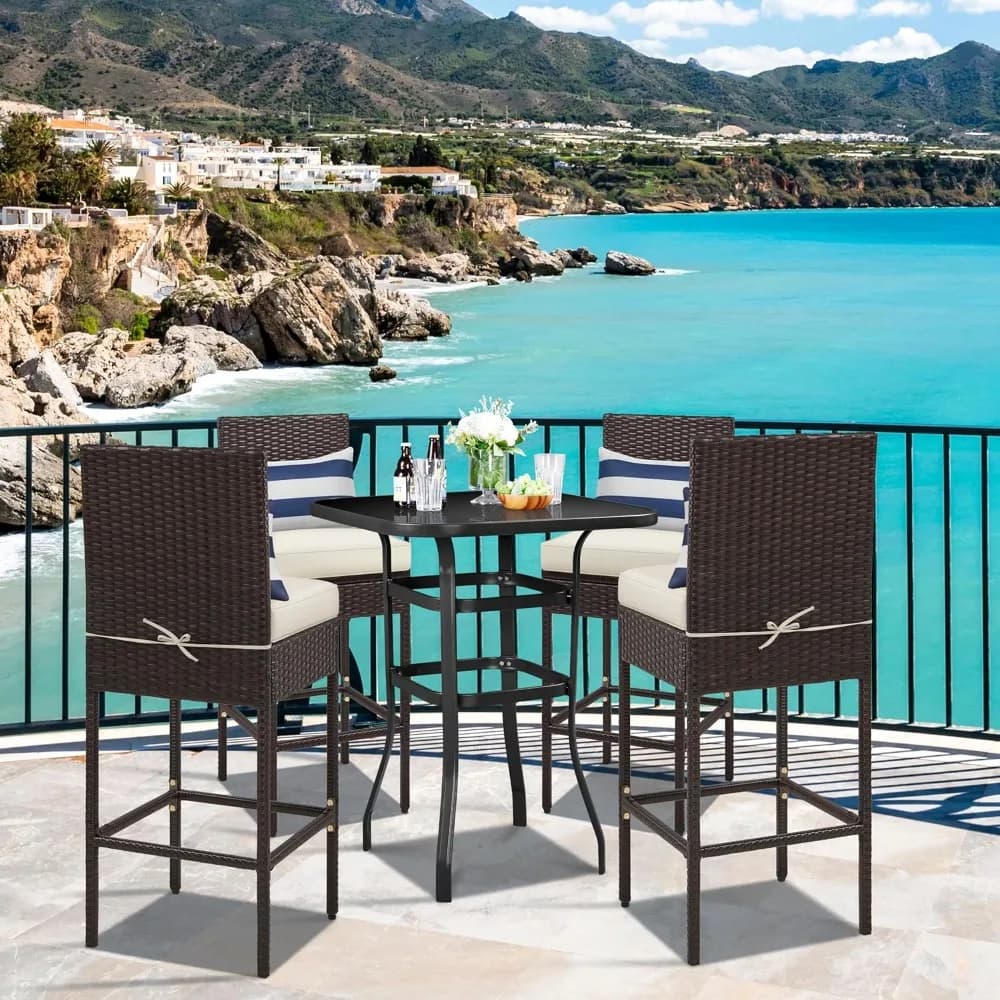 Set of 4 Patio Bar Stools,Outdoor PE Rattan Bar Height Chairs with Cushions & Footrests & Backrest for Indoor/Outdoor，Customized