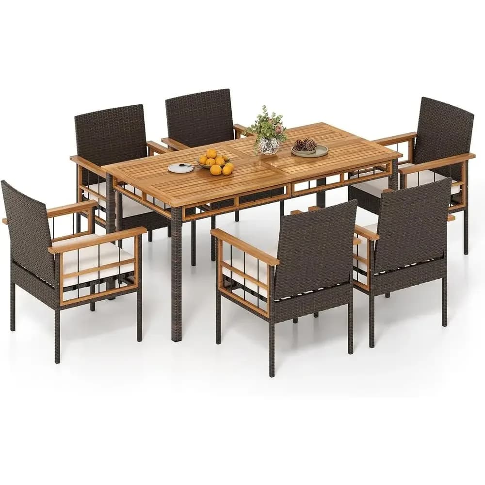 7-Piece Patio Dining Set: Acacia Wood Rectangular Table with Umbrella Hole and Cushioned Chairs for Outdoor, Deck, Garden, Backy