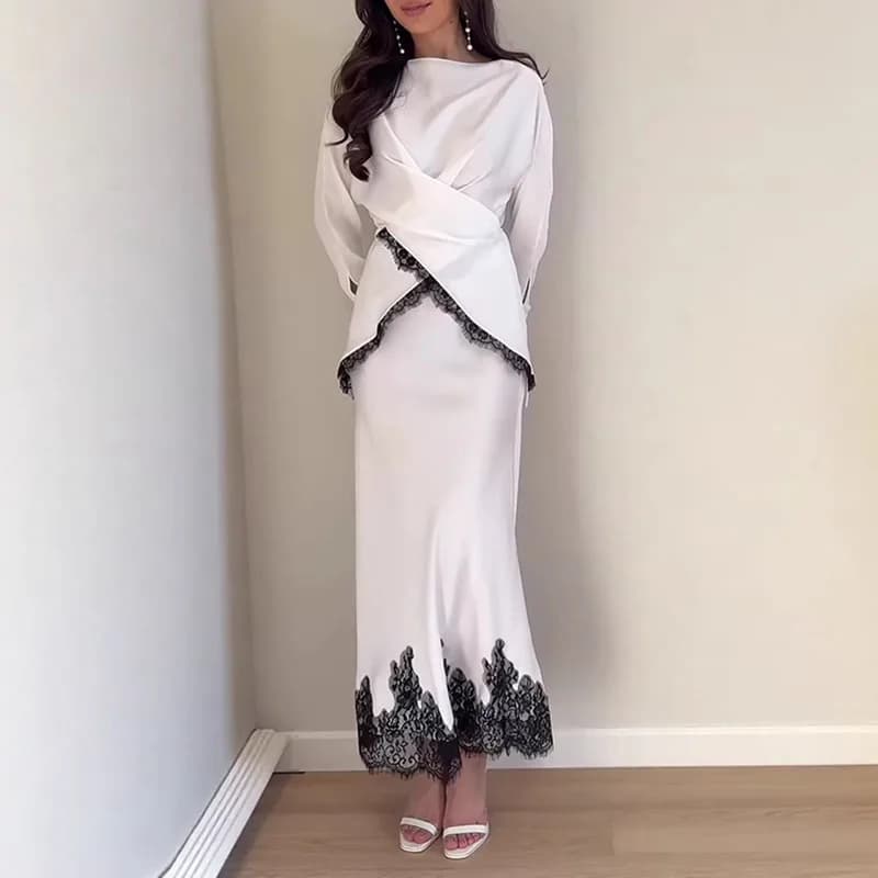Completo Elegante 2 Pezzi con Top a Maniche Lunghe e Gonna Lunga, in Pizzo Sexy con Patchwork, Tinta Unita, Drappeggiato, Slim Fit, con Scollo a O e Vita Annodata, per Feste e Occasioni Casual