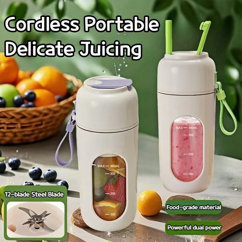 Electric juicer with wireless charging for smoothies, crushed ice and juices - Portable 12-blade stainless steel blender